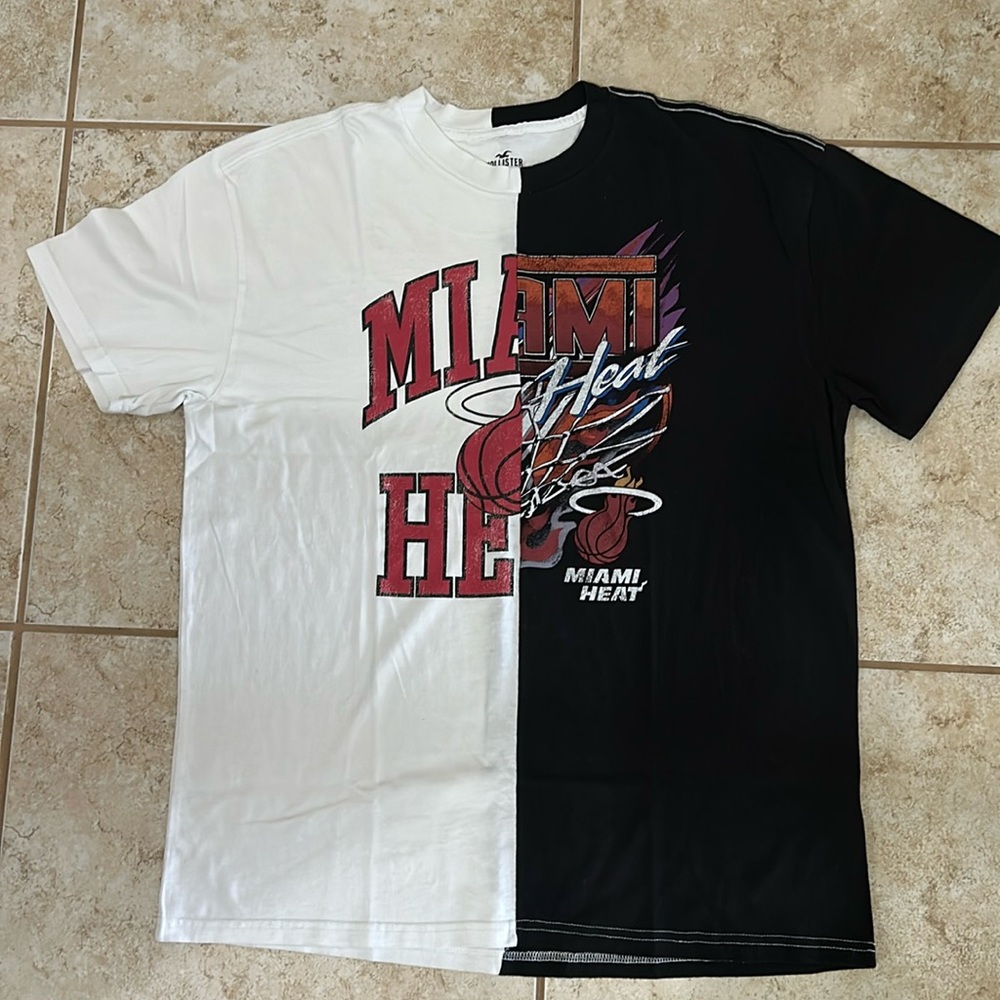 Hollister Miami Heat Shirt Mens L White Black Crew Neck Logos